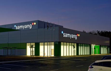 Samyang Biopharm factory in Gödöllő, Hungary built by Takenaka Europe, exterior view by night