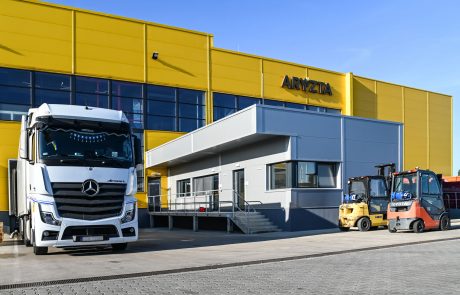 Modern industrial building with yellow façade, ARYZTA lettering, truck, forklift and blue sky.