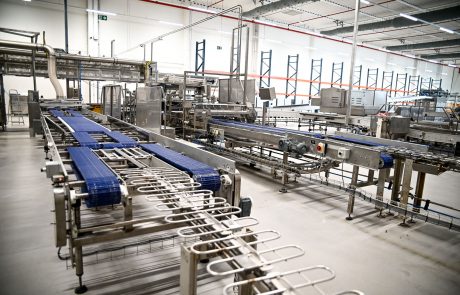 Interior view of an industrial bakery with conveyor belts and baking machines in a brightly lit hall.