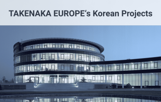 Modern, round building at dusk, reflection in the water, caption "TAKENAKA EUROPE's Korean Projects".