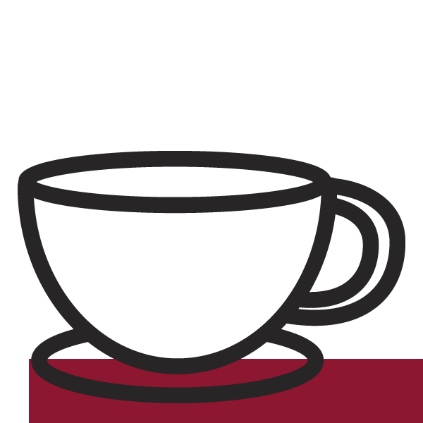 A stylized image of a black coffee cup with saucer on a red background.