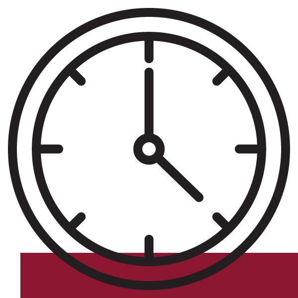 Symbol for flexible working hours: stylized clock without numbers on a red background.