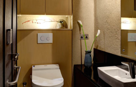 Modern bathroom with WC, washbasin, mirror and decorative vase with plants.