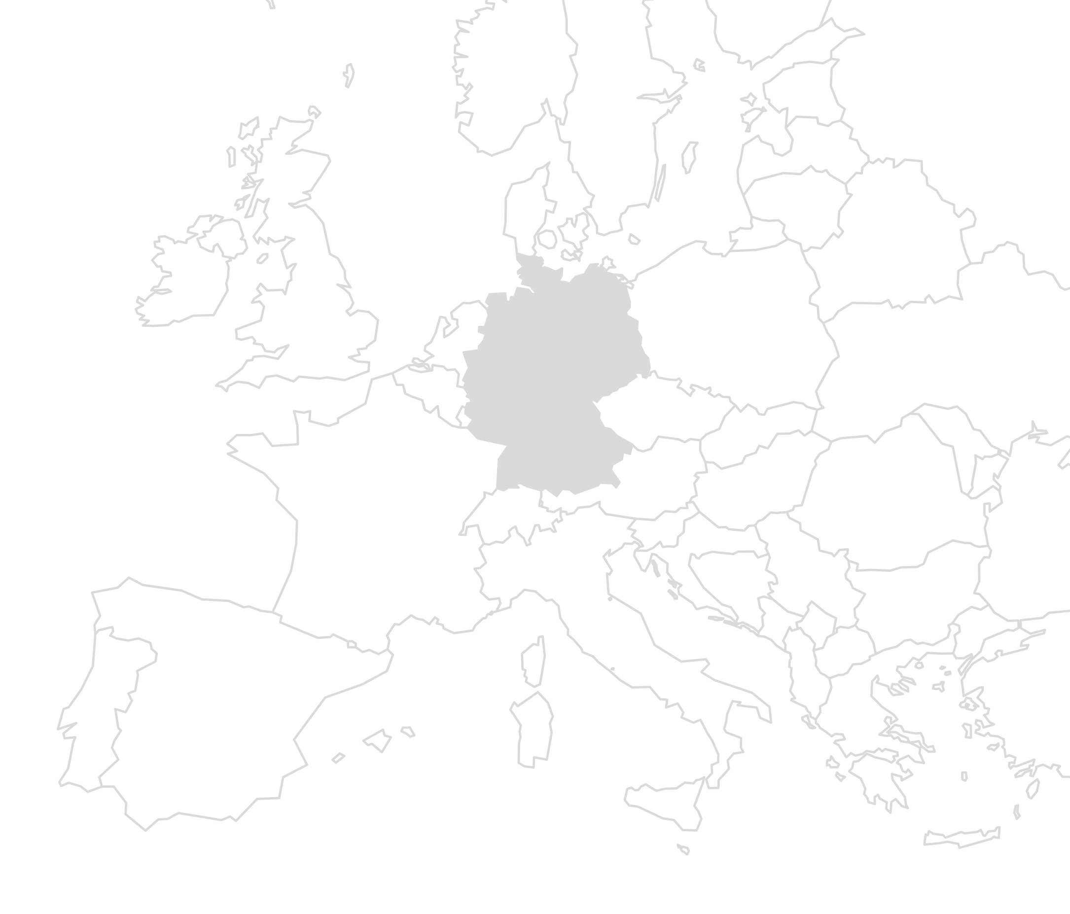 Eine Europakarte auf der Deutschland grau ausgefüllt ist zur Standort-Visualisierung des Bauprojektes.