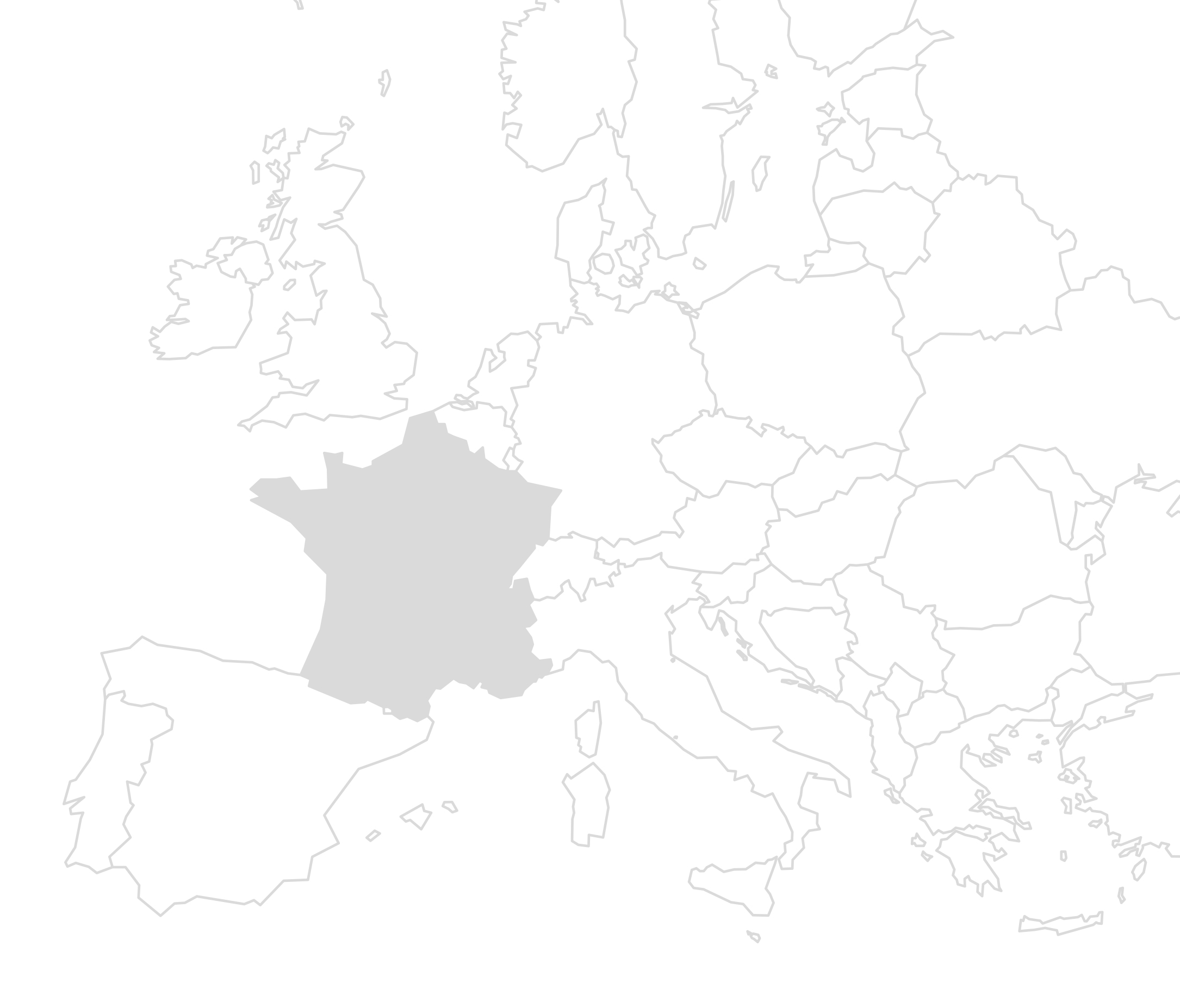 Simplified map of Europe with France highlighted in the center, surrounded by country borders without labels.