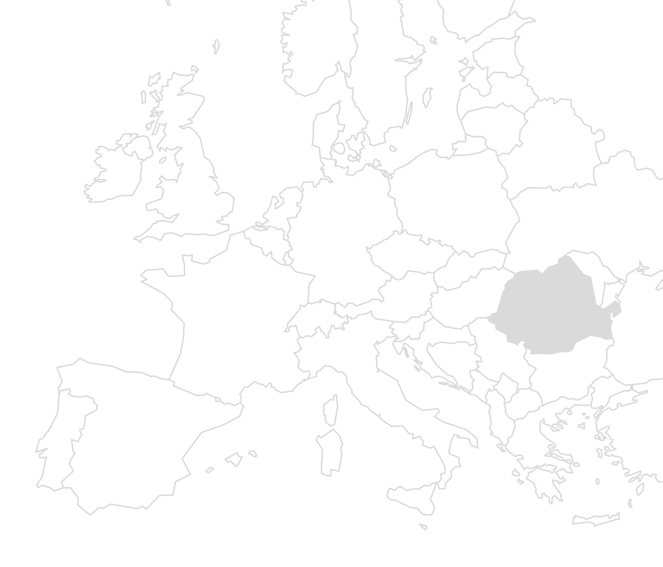 Karte von Europa in Graustufen, mit Rumänien hervorgehoben in dunklerem Grau.