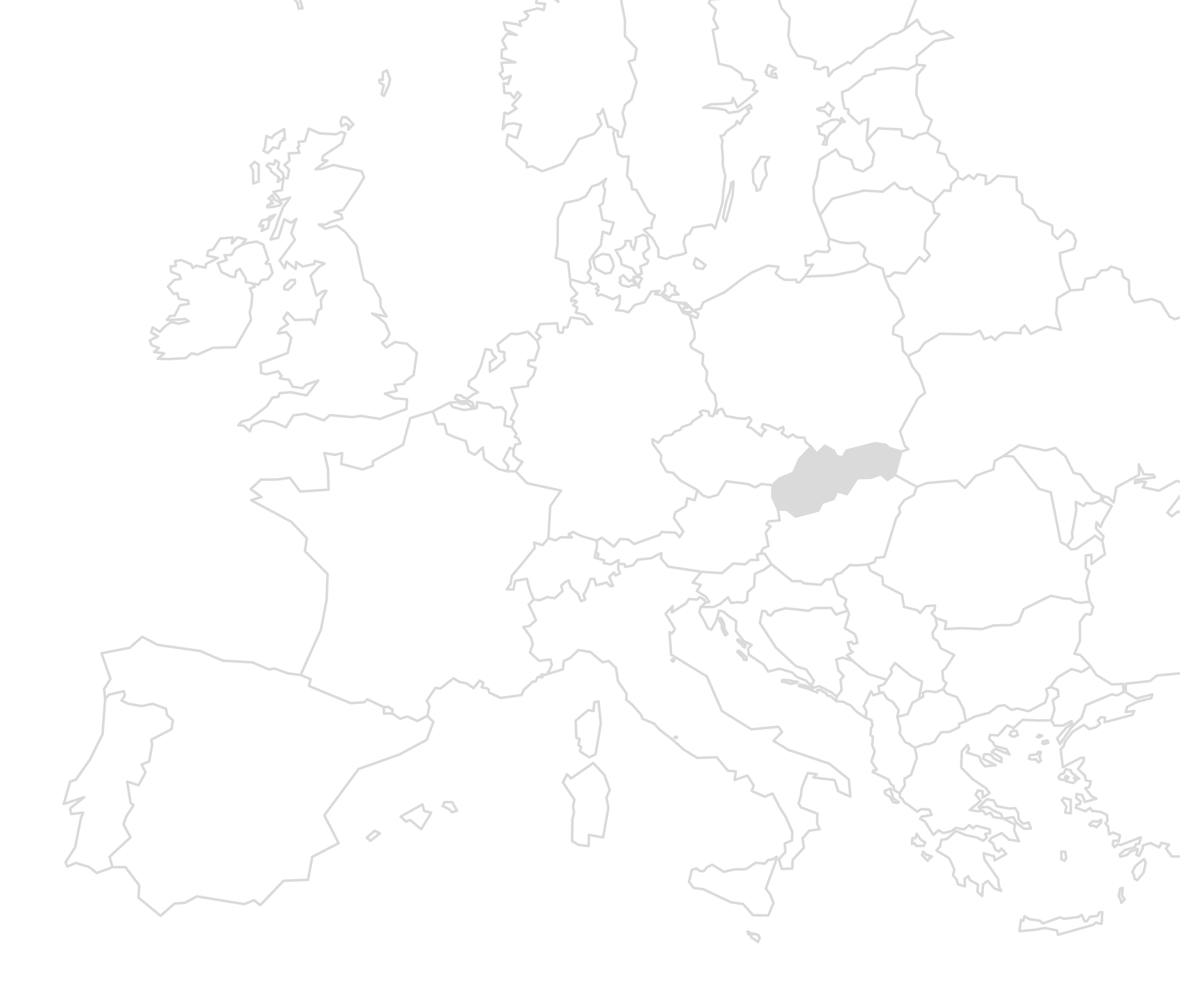 Eine weiß-graue Europakarte mit Einzeichnung der Länder in denen Slowakei grau gefüllt ist. Die Karte soll den Standort des Bauprojekts verdeutlichen.