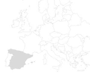 Karte von Europa mit hervorgehobenem Spanien in dunkler Farbe, umrandet von weiteren Ländern in heller Darstellung.
