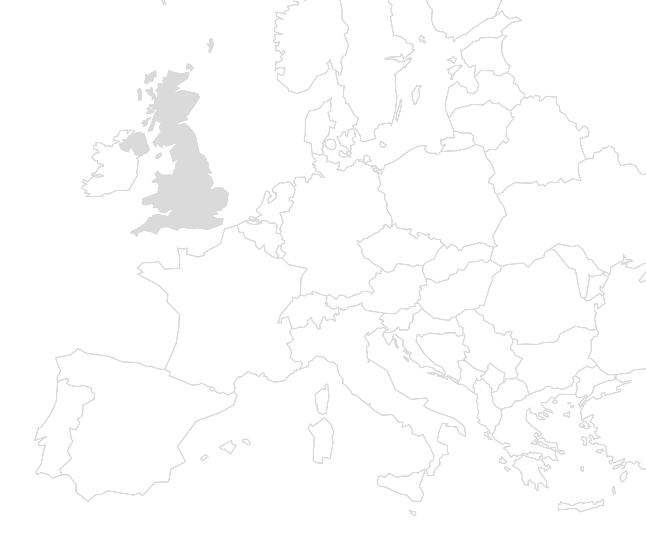Europakarte. UK grau ausgefüllt als Visualisierung für den Standort des Bauprojektes.