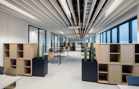 Modern office with bookshelves, tables and green plants, illuminated by elongated ceiling lights.