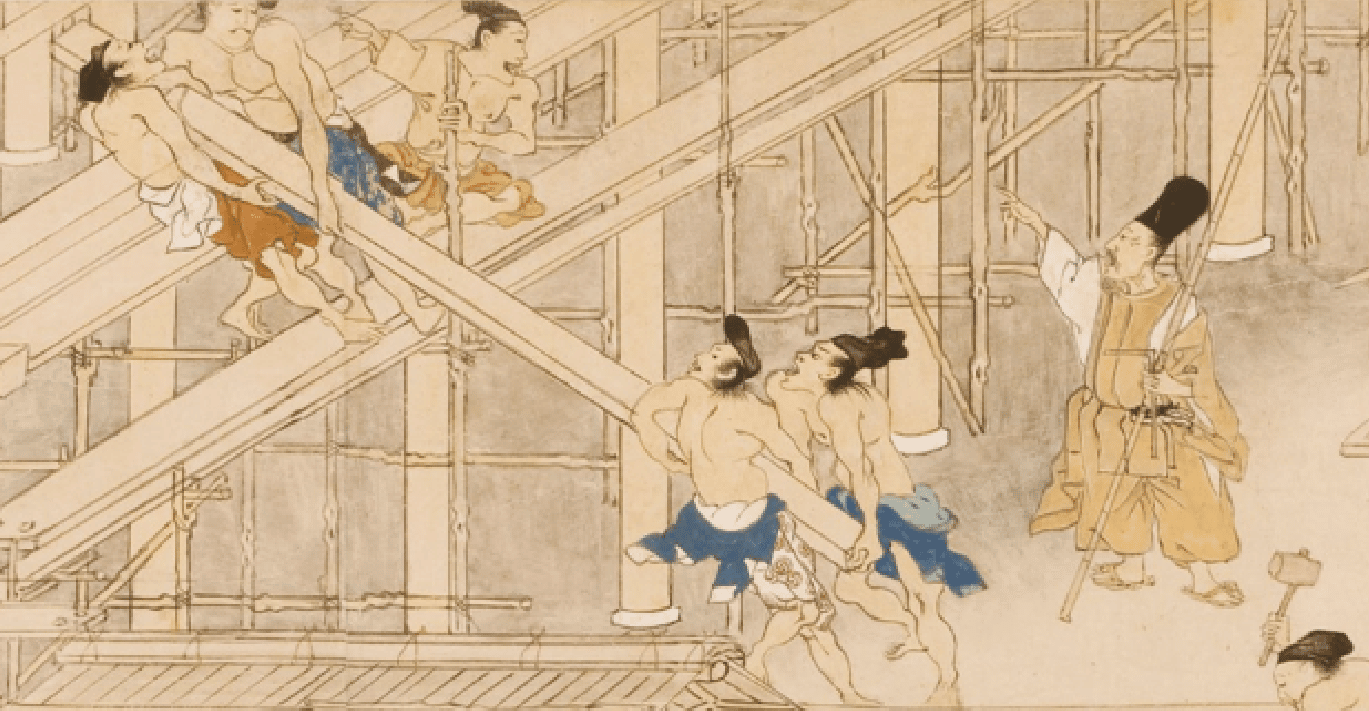 Historical Japanese drawing of construction workers on scaffolding wearing traditional clothing.